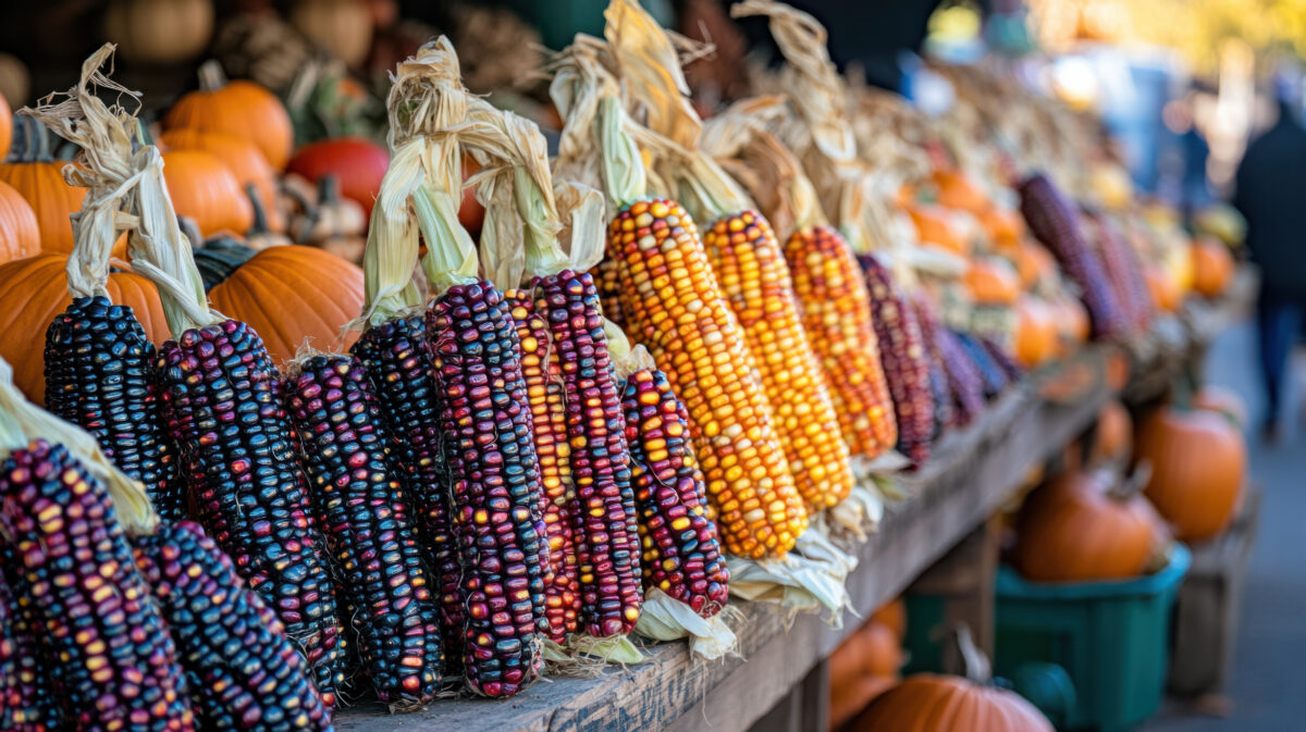 Autumn Corn Display, Vibrant display of colorful corn at a busy autumn market, surrounded by pumpkins and festive seasonal decor