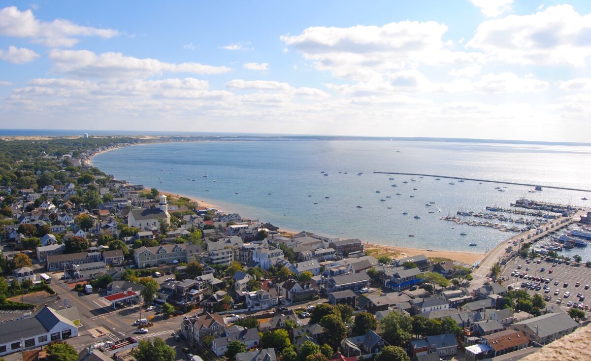 View over Provincetown, Massachusetts toward East Harbor.