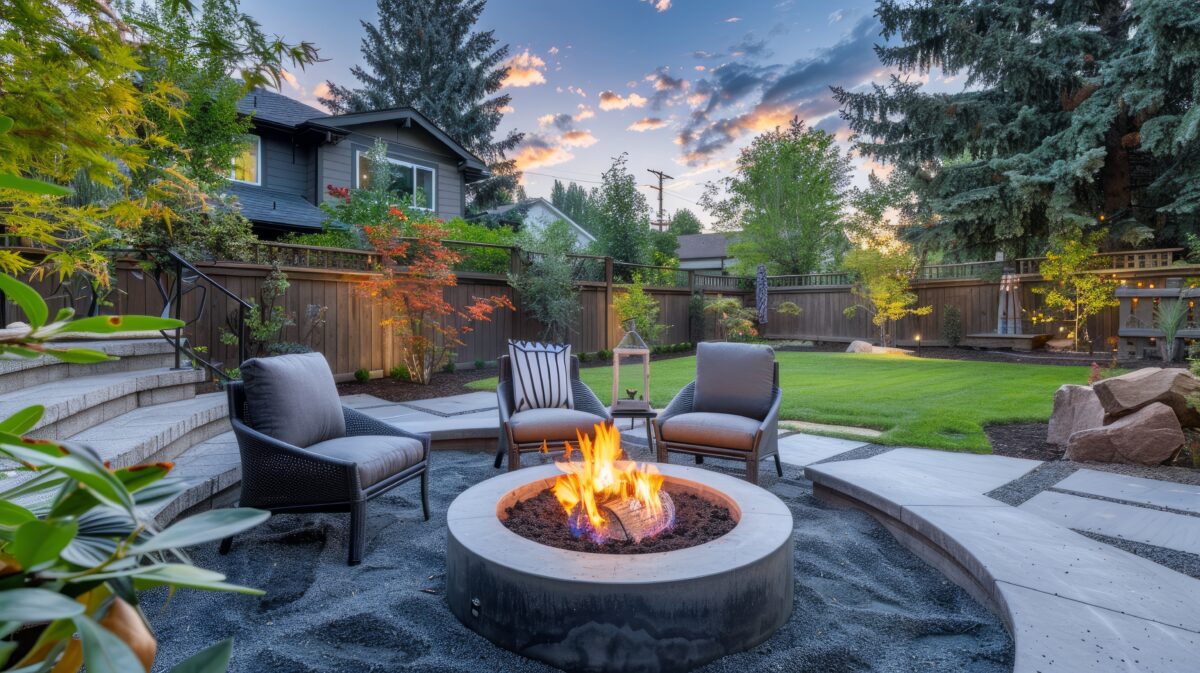 A backyard fire pit with surrounding seating for evening gatherings