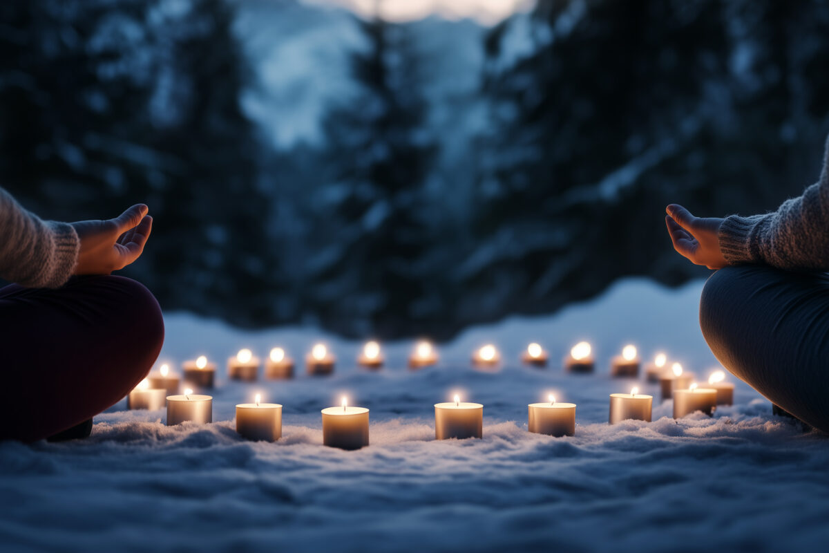 Peaceful winter solstice meditation circle, guiding participants through reflection and renewal on the longest night of the year, surrounded by nature and candlelight. With empty copy space for brandi